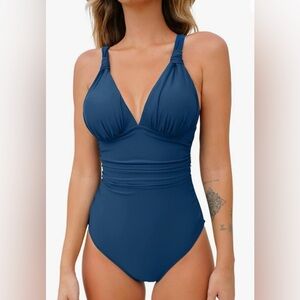 NWT Deep V Neck Tummy Control Ruched V Back Classic Bathing Suit
